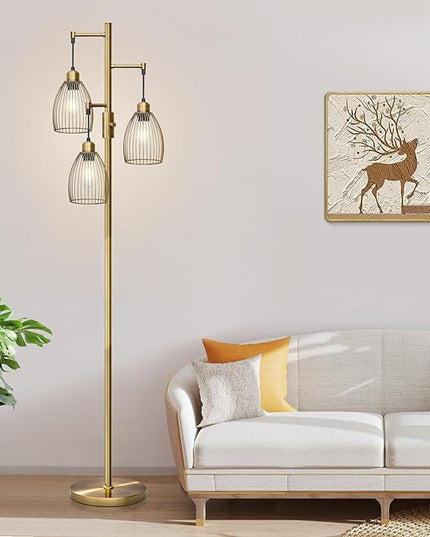 Dimmable Floor Lamp, 3 x 800LM LED Edison Bulbs Included, Farmhouse Industrial Floor Lamp Standing Tree Lamp with Elegant Teardrop Cage Tall Lamps for Living Room Bedroom Office Dining Room-Brass - LeafyLoom