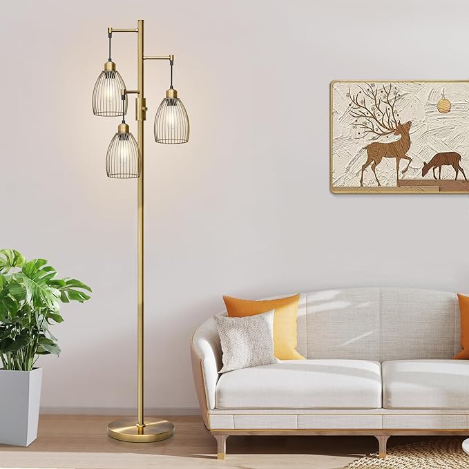 Dimmable Floor Lamp, 3 x 800LM LED Edison Bulbs Included, Farmhouse Industrial Floor Lamp Standing Tree Lamp with Elegant Teardrop Cage Tall Lamps for Living Room Bedroom Office Dining Room-Brass - LeafyLoom