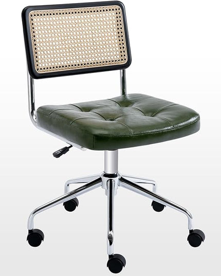 Zesthouse Mid Century Home Office Chair, Armless Desk Chair with Rattan Back, Adjustable Height Task Chair Vanity Chair for Girls Women, Upholstered Swivel Chair, Green Faux Leather - LeafyLoom