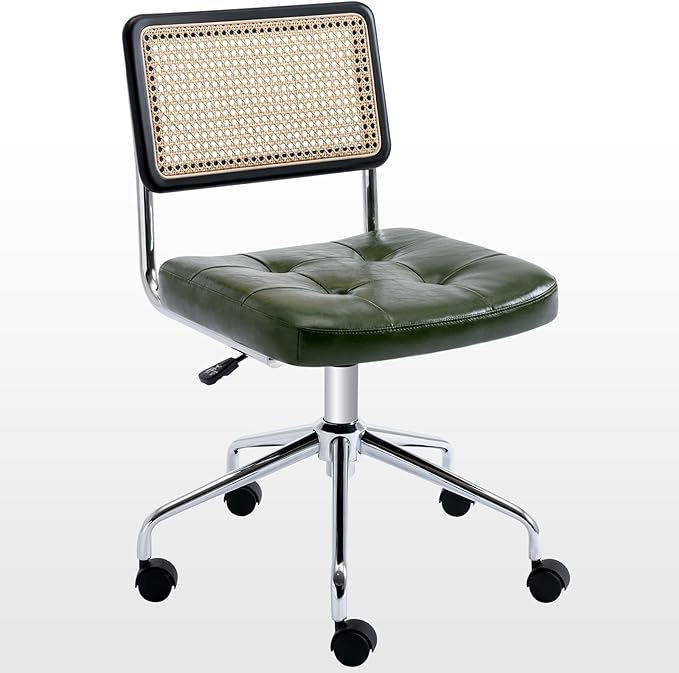 Zesthouse Mid Century Home Office Chair, Armless Desk Chair with Rattan Back, Adjustable Height Task Chair Vanity Chair for Girls Women, Upholstered Swivel Chair, Green Faux Leather - LeafyLoom