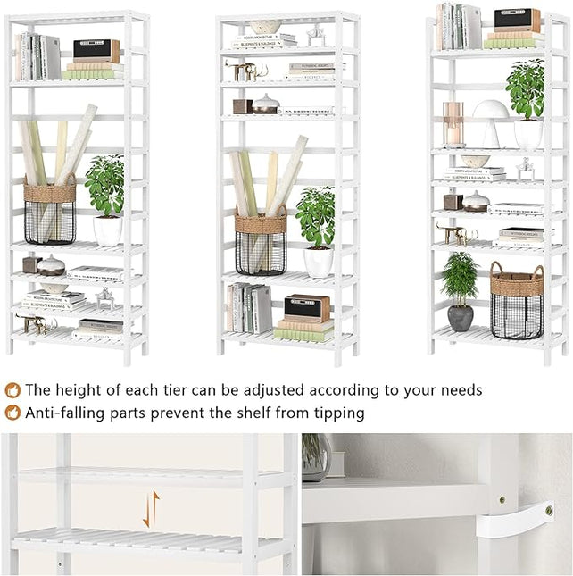 Homykic Bookshelf, 6-Tier Bamboo Adjustable 63.4” Tall Bookcase Book Shelf Organizer Free Standing Storage Shelving Unit for Living Room, Kitchen, Bedroom, Bathroom, Office, Rust Resistance, White - LeafyLoom