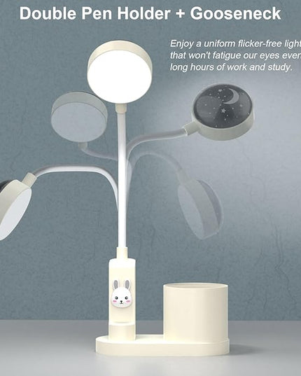Cute Kids Desk Lamp 2000mAh Rechargeable Kawaii Desk Lamp with Star Projection & Pen Holder, Aesthetic Kids Bedside Lamp with Flexible Gooseneck/ 3 Level Brightness/Eye-Caring for Reading, Study - LeafyLoom