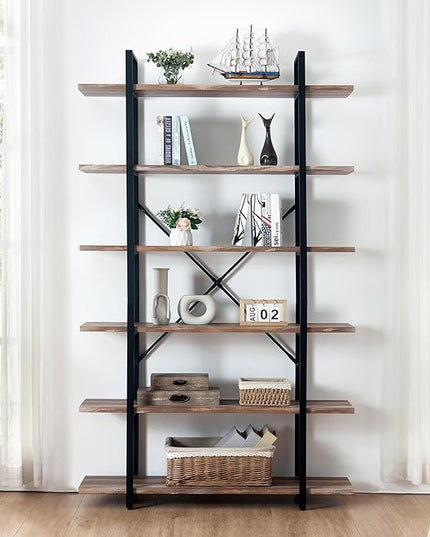 HOMISSUE Bookshelf,6-Tier Tall Bookshelf Industrial Bookcase and Bookshelves,Rustic Storage Rack with Open Shelves for Living Room Bedroom and Kitchen - LeafyLoom