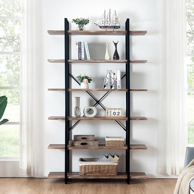 HOMISSUE Bookshelf,6-Tier Tall Bookshelf Industrial Bookcase and Bookshelves,Rustic Storage Rack with Open Shelves for Living Room Bedroom and Kitchen - LeafyLoom