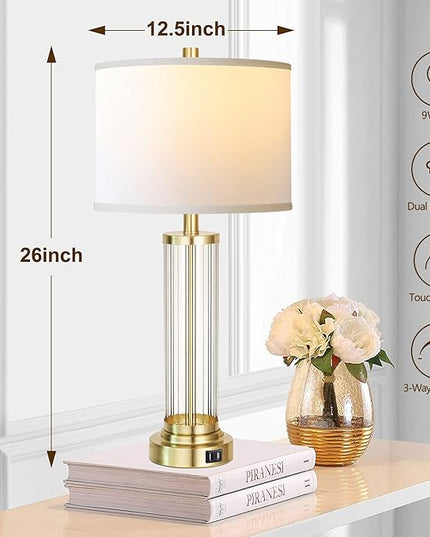 QiMH Touch Control Table Lamp Set of 2 with USB Ports, 3-Way Dimmable Nightstand Lamp with Fabric Cream Shade, Modern Bedside Lamp for Living Room Bedroom Reading, LED Bulbs Included - LeafyLoom