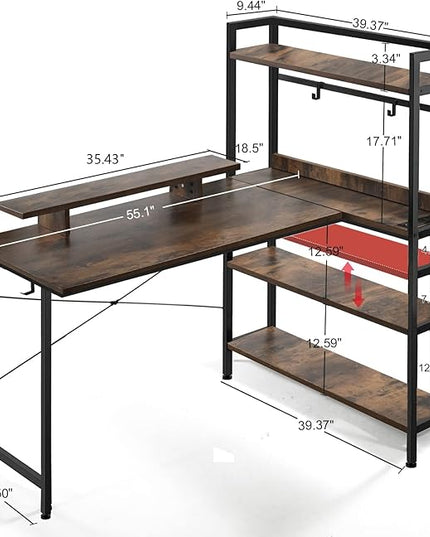 COMHOMA Gaming L Shaped Computer Desk, 55" Home Office Desk with Shelves, L Shape Computer Corner Desk with Charging Port, Gaming Table Power Outlet Build in, LED Writing Desk with Monitor Stand Brown - LeafyLoom