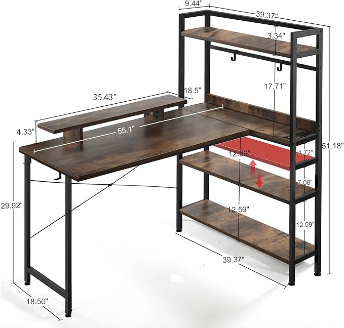 COMHOMA Gaming L Shaped Computer Desk, 55" Home Office Desk with Shelves, L Shape Computer Corner Desk with Charging Port, Gaming Table Power Outlet Build in, LED Writing Desk with Monitor Stand Brown - LeafyLoom