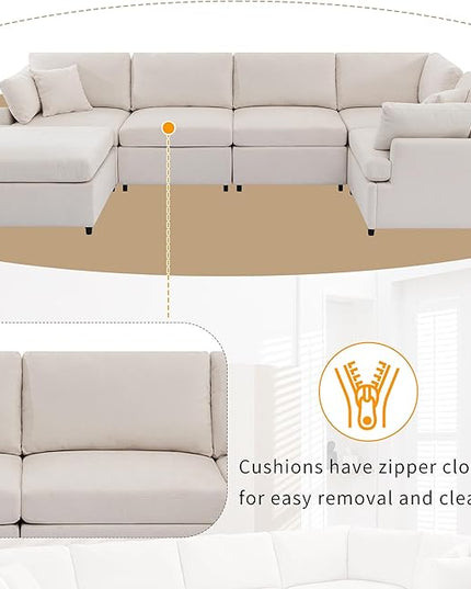 Modern 3 Seater Sofa with Removable Back and Seat Cushions, Linen Upholstered Sectional Couch w/ 4 Pillows & Sturdy Wood Legs for Living Room, Apartment, Office, 91 Inch, 152.8inch, Beige-5 - LeafyLoom