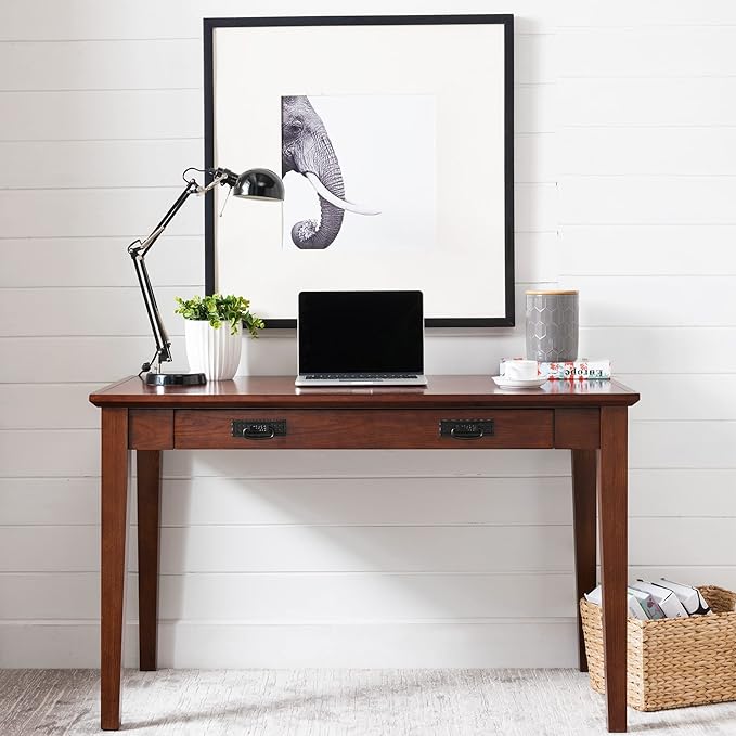 Leick Home 82400 Mission Writing Computer Desk with Drop Front Keyboard Drawer, for Home Office, Solid Wood, Mission Oak - LeafyLoom