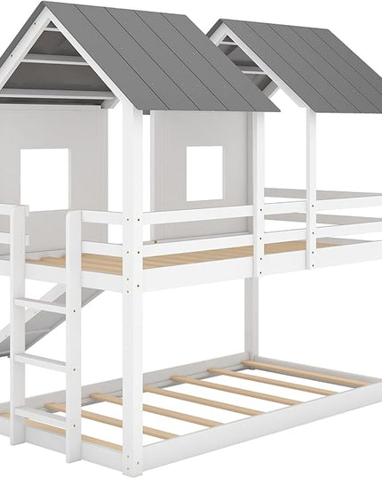 Low House Bunk Bed with Slide and Windows, Twin Over Twin Wooden Bunk Beds with Safety Guardrails for Kids Teen, Girls, Boys, White - LeafyLoom