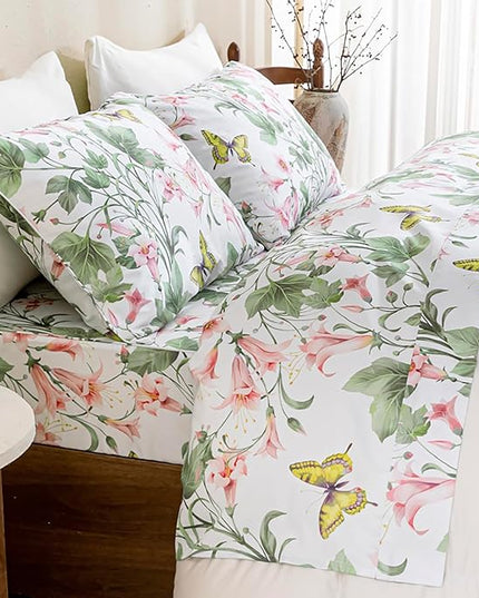QSH Butterfly Bed Sheets Set Queen Size 100% Egyptian Cotton Sheet Wild Flower Leaves Printed Pattern Bedding Sheets Spring Floral Bedsheets Deep Pockets 4PCs - LeafyLoom