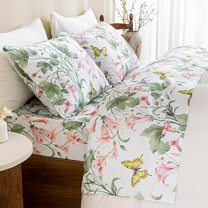 QSH Butterfly Bed Sheets Set Queen Size 100% Egyptian Cotton Sheet Wild Flower Leaves Printed Pattern Bedding Sheets Spring Floral Bedsheets Deep Pockets 4PCs - LeafyLoom