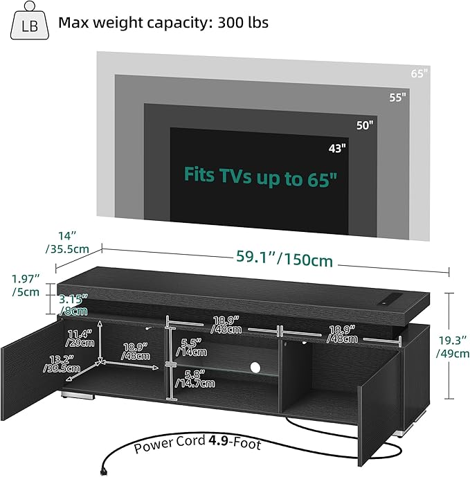 YITAHOME TV Stands for Living Room, 65 55 50 inch TV Stand, Modern Entertainment Center w/Power Outlets, LED Television Stands with Storage, Wood TV Stand, Gaming Media Stand, Black - LeafyLoom