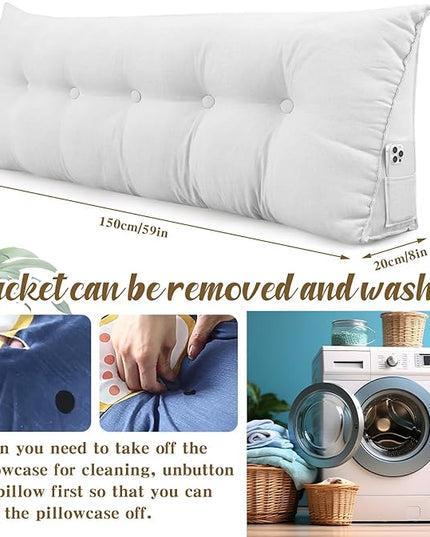 Headboard Wedge Pillow Triangular Bed Rest Reading Backrest Body Bolster Cushion Back Support Long Bolster Pillow for Bed Gifts with Removable Cover(White, Queen (59 x 20 x 8 Inch)) - LeafyLoom