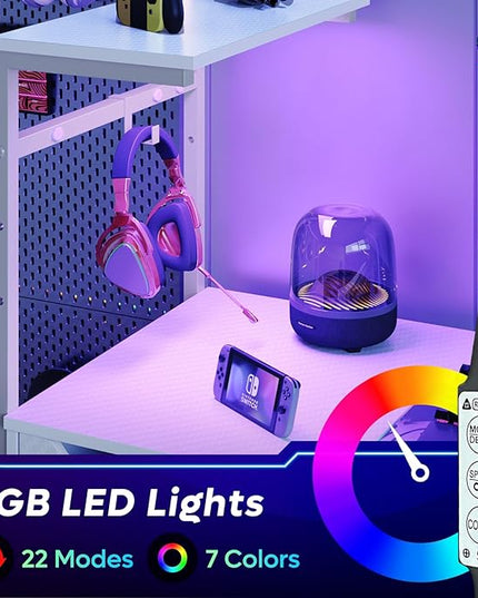 Bestier Gaming Desk with Drawer and LED Lights, 48 inch Computer Desk PC Table with Adjustable Storage Shelves & Hook for Home Office, Carbon Fiber White - LeafyLoom