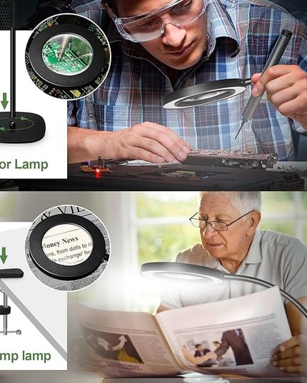 HITTI 10X&15X Floor Magnifying Glass with Light, Flexible Gooseneck Magnifying Floor Lamp, 3 Color Modes Stepless Dimmable LED Lighted Magnifier Stand for Close Work Jewellery Esthetican-Black - LeafyLoom