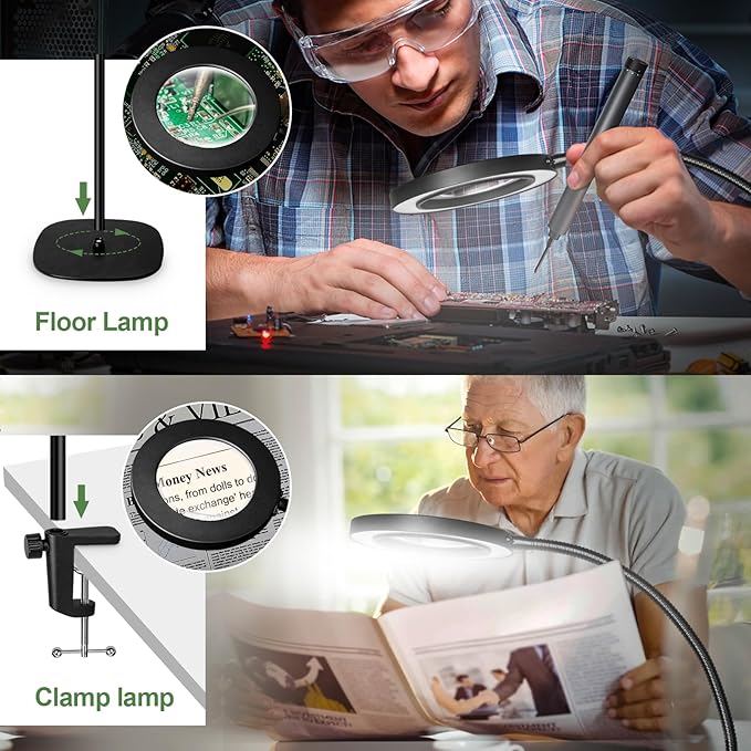 HITTI 10X&15X Floor Magnifying Glass with Light, Flexible Gooseneck Magnifying Floor Lamp, 3 Color Modes Stepless Dimmable LED Lighted Magnifier Stand for Close Work Jewellery Esthetican-Black - LeafyLoom