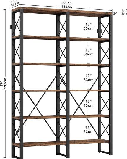 IRONCK Bookshelf Double Wide 6-Tier 76" H, Open Large Bookcase, Industrial Style Shelves, Wood and Metal Bookshelves for Home Office, Easy Assembly - LeafyLoom