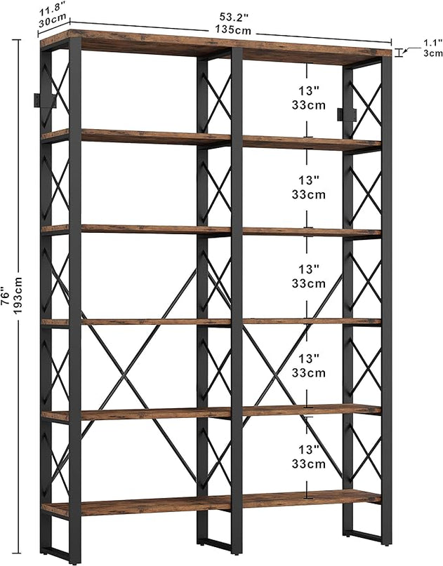 IRONCK Bookshelf Double Wide 6-Tier 76" H, Open Large Bookcase, Industrial Style Shelves, Wood and Metal Bookshelves for Home Office, Easy Assembly - LeafyLoom