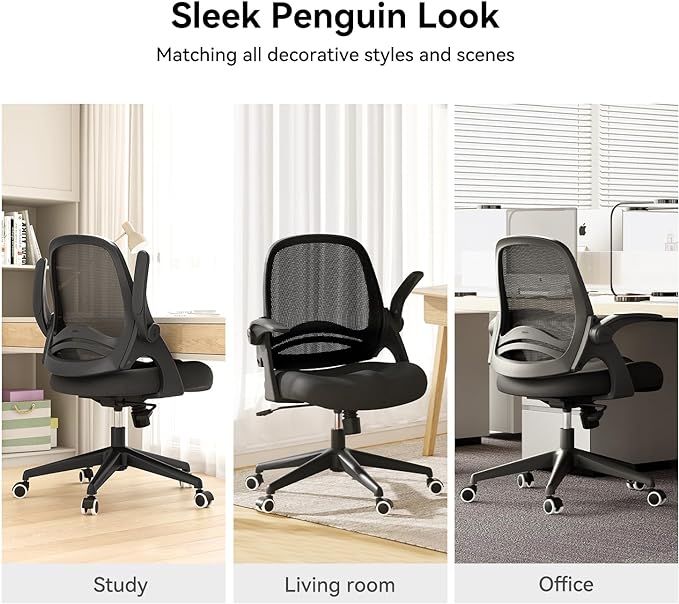 Hbada Office Chair, Desk Chair with Flip-Up Armrests and Saddle Cushion, Ergonomic Office Chair with S-Shaped Backrest, Swivel, Mesh, for Home and Office, Black - LeafyLoom