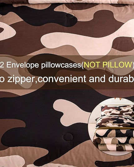 Meeting Story Camouflage Bedding Set, Colorful Pattern Style Queen Comforter Set, 3 PCS One Comforter and Two Pillowcases in One Bag, All Season Bedspread for Kids Teens Adults (Coffee, Queen) - LeafyLoom