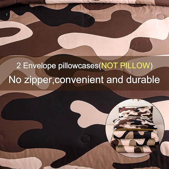 Meeting Story Camouflage Bedding Set, Colorful Pattern Style Queen Comforter Set, 3 PCS One Comforter and Two Pillowcases in One Bag, All Season Bedspread for Kids Teens Adults (Coffee, Queen) - LeafyLoom
