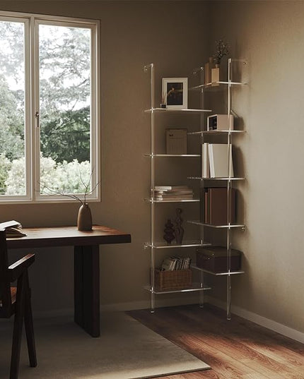 Acrylic Corner Bookshelf, Wall Mounted, 10-Tier L Shaped Bookshelf with Open Shelves, Multipurpose Clear Ladder Bookcase for Living Room, Bathroom, Office, Modern, 73.6" H - LeafyLoom