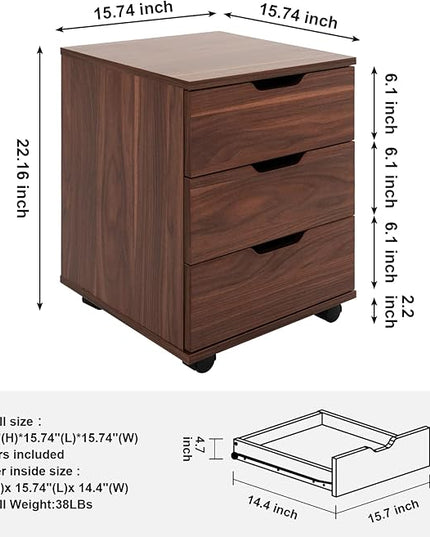 Farini 3-Drawer Vertical Filing Cabinet Rolling Wood Mobile File Cabinets Under Desk for Home Office with Casters (Brown Walnut, Fully Assembled) - LeafyLoom