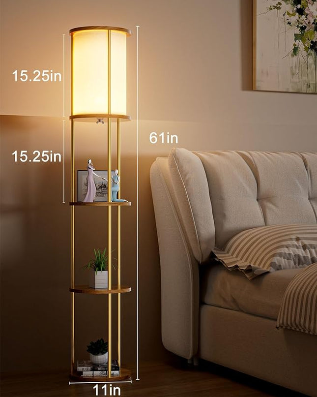Lightdot 61IN Floor Lamp with Shelves, 3-Tier Storage Gold Standing Lamps with 3000K E26 Bulb Included, Display Shelf Floor Lamp for Living Room Sofa Corner - LeafyLoom