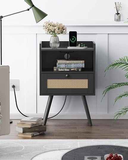 SUPERJARE Nightstand with Charging Station & Rattan-Like Decor Drawer, Rattan End Table with Solid Wood Feet, Bed Side Table with Open Storage, for Bedroom, Living Room, Dormitory - Black - LeafyLoom