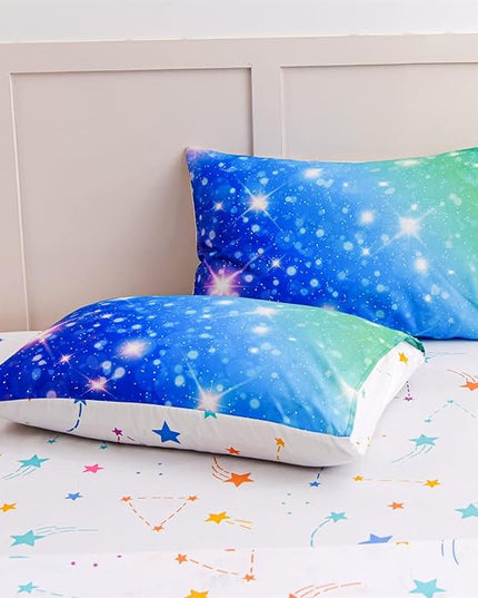 A Nice Night 6Pcs Gradient Glitter Bedding Set for Girls, Colorful Rainbow Galaxy Comforter Set, Ultra Soft Bedding Sets (Blue-Green,Queen 6Pcs) - LeafyLoom
