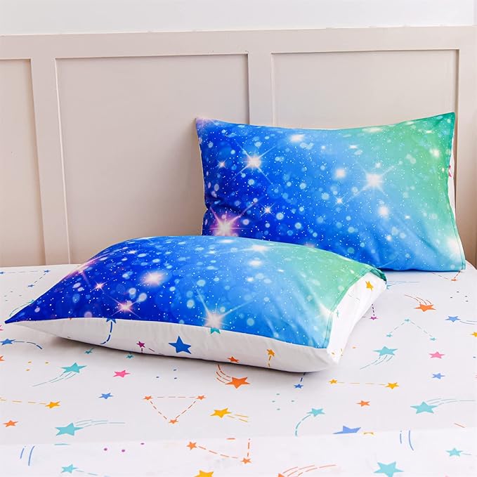 A Nice Night 6Pcs Gradient Glitter Bedding Set for Girls, Colorful Rainbow Galaxy Comforter Set, Ultra Soft Bedding Sets (Blue-Green,Twin 6Pcs) - LeafyLoom