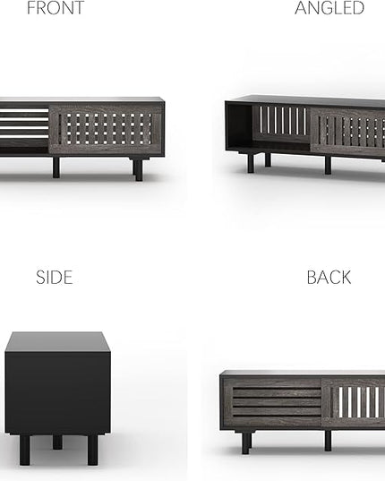 Mid-Century Modern TV Stand, Glossy Black TV Console with Sliding Doors,TV Console with Large Storage, Entertainment Center with Sturdy Solid Wood Legs, Living Room&Bedroom, Gray&Black - LeafyLoom