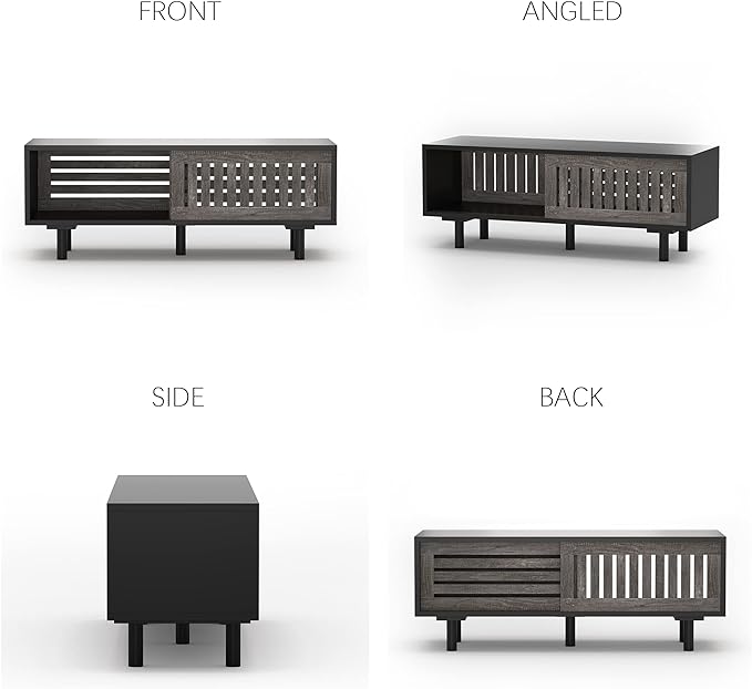 Mid-Century Modern TV Stand, Glossy Black TV Console with Sliding Doors,TV Console with Large Storage, Entertainment Center with Sturdy Solid Wood Legs, Living Room&Bedroom, Gray&Black - LeafyLoom