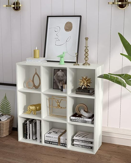 9-Cube Storage Shelf Bookcase - Wooden 3-Tier Floor Standing Open Bookshelf for Home and Office, Display Cabinet, Warm White - LeafyLoom