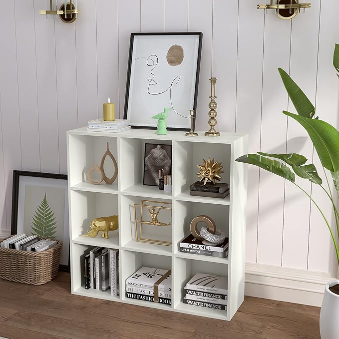 9-Cube Storage Shelf Bookcase - Wooden 3-Tier Floor Standing Open Bookshelf for Home and Office, Display Cabinet, Warm White - LeafyLoom