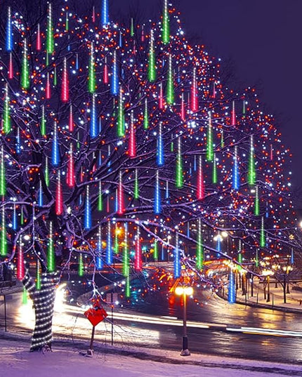 Meteor Shower Lights UL Certified 192 LED Falling Rain Lights with 30cm 8 Tubes rain Drop Christmas Icicle Cascading Lights for Xmas Halloween Decorations Party Holiday Garden Tree,Multicolor Weepong