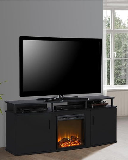 Ameriwood Home Carson Fireplace TV Stand for TVs up to 70 Inch, Replaceable Electric Fireplace Insert Heater, Realistic Log and Flame Effect, For Living Room or Bedroom, Black - LeafyLoom