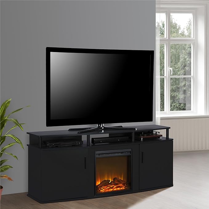 Ameriwood Home Carson Fireplace TV Stand for TVs up to 70 Inch, Replaceable Electric Fireplace Insert Heater, Realistic Log and Flame Effect, For Living Room or Bedroom, Black - LeafyLoom