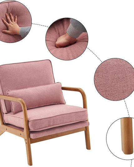 Bonnlo Linen Pink Mid Century Modern Accent Chair, Soild Wood Padding Lounge Armchairs Side Sitting Chairs for Living Room, Bedroom, Guest Room - LeafyLoom