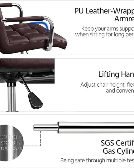 Yaheetech Office Desk Chair PU Leather Mid-Back Task Chair Executive Chair Modern Adjustable Home Office Chair Swivel Chair with Smooth Casters Brown - LeafyLoom