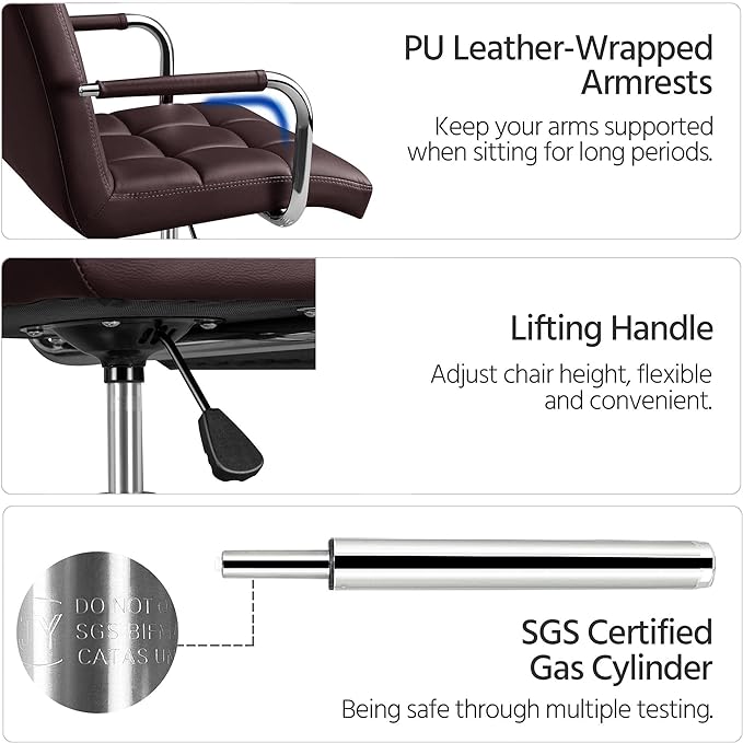 Yaheetech Office Desk Chair PU Leather Mid-Back Task Chair Executive Chair Modern Adjustable Home Office Chair Swivel Chair with Smooth Casters Brown - LeafyLoom