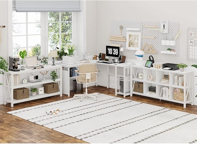 FATORRI 8 Cube Storage Organizer Bookshelf, Rustic Wood Cubby Bookcase, Industrial Horizontal Long Shelf for Living Room (White Oak, 62 Inch) - LeafyLoom