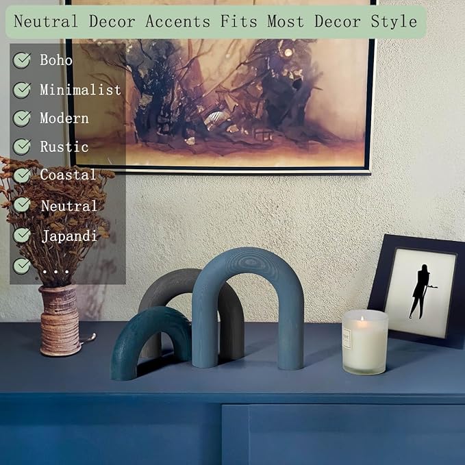 3Pcs Wooden Arch Decor Accents - Modern Bohemian Minimalist Neutral Home Office Coffee Table Bookshelf Living Room Entryway japandi Decorations Objects - LeafyLoom
