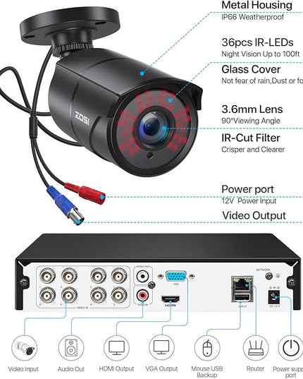 ZOSI 1080p HD-TVI Home Security Camera with Audio,Built-in Mic,Night Vision,1920TVL 2MP Outdoor CCTV Cam Only Compatible with ZOSI 3K Lite Analog DVR ZOSI
