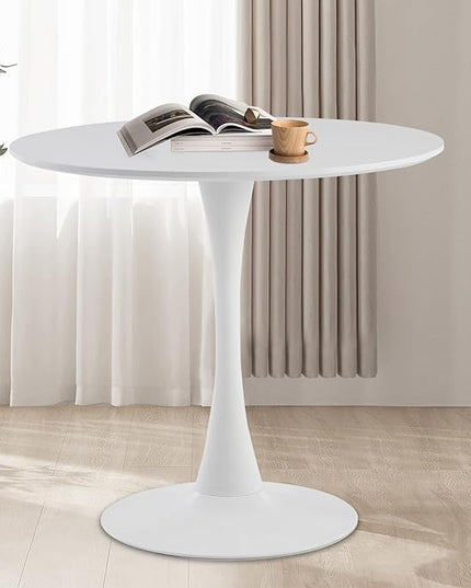 Round Dining Table,31.5”Kitchen Table for 2-4 People,MDF Table Top with Metal Pedestal Base,Tulip Design for Kitchen,Dining Room,Living Room,Leisure,White - LeafyLoom