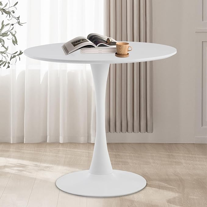 Round Dining Table,31.5”Kitchen Table for 2-4 People,MDF Table Top with Metal Pedestal Base,Tulip Design for Kitchen,Dining Room,Living Room,Leisure,White - LeafyLoom