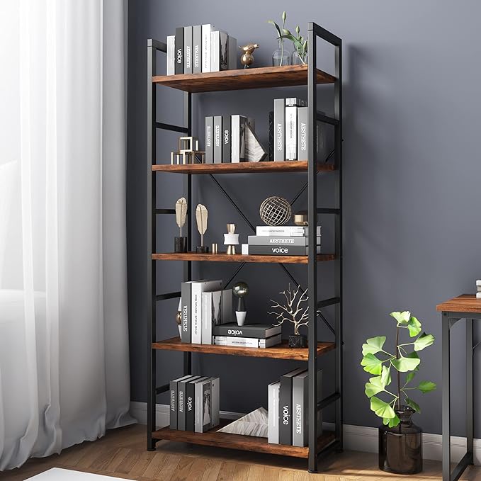 VERMESS 5 Tier Bookshelf, Tall Book Shelf, Vintage Industrial Bookcase Shelf with Open Display Shelves, Wood Storage Shelving Unit Metal Frame Standing Bookshelves for Bedroom/Home/Office, Rustic - LeafyLoom