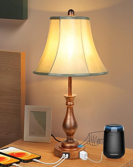 Farmhouse Table Lamp Touch Control 3-Way Dimmable Table Lamp, Modern Nightstand Lamp with 2 USB Port Bedside Desk Lamp with Fabric Shade for Living Room Bedroom Hotel (Pack-001) - LeafyLoom