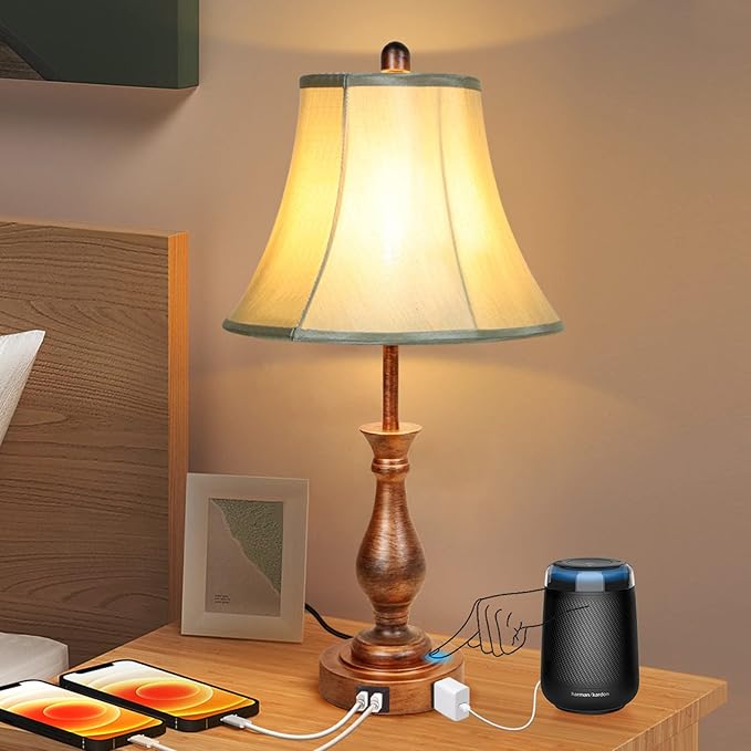 Farmhouse Table Lamp Touch Control 3-Way Dimmable Table Lamp, Modern Nightstand Lamp with 2 USB Port Bedside Desk Lamp with Fabric Shade for Living Room Bedroom Hotel (Pack-001) - LeafyLoom